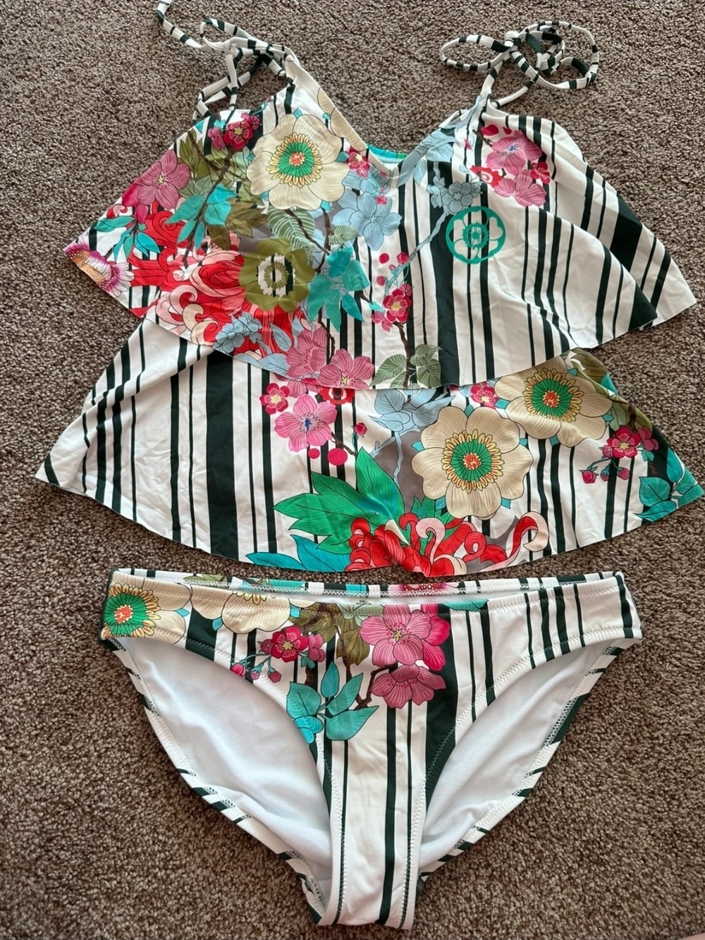 Johnny Was  Floral Stripe Tankini in Green, White & Multicolor
